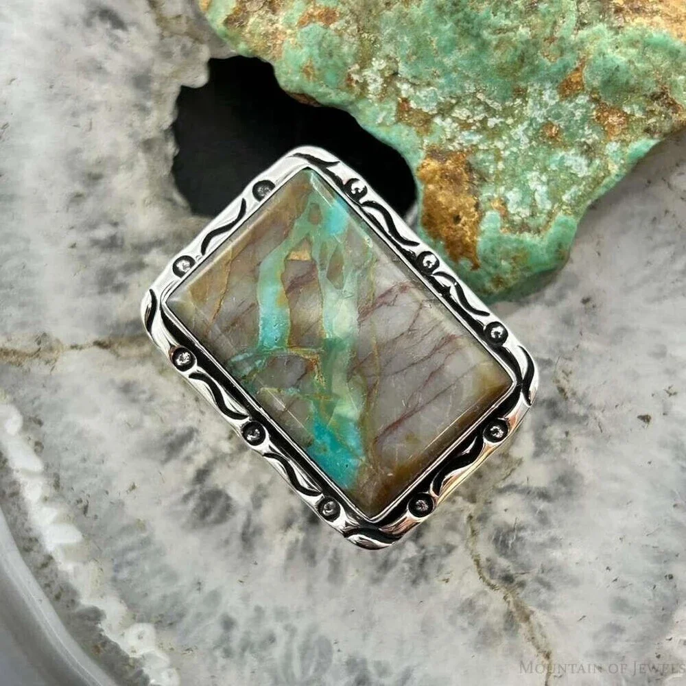 Native American Sterling Rectangle Boulder Ribbon Turquoise Bar Ring Size 7.25
